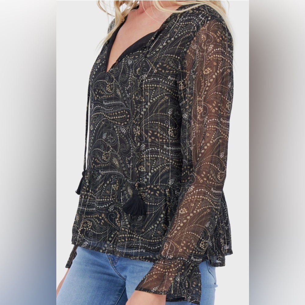 NWT LUCKY BRAND Peplum Top Black With Gold SHIMMER Tie Neck Blouse Size Medium